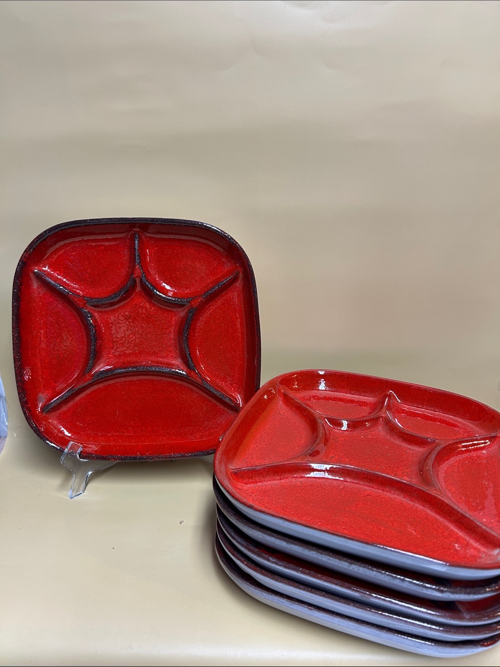 Red Lava Glaze Ceramic Fondue Sushi Plates 9"x9" Canada Vintage Set of 6